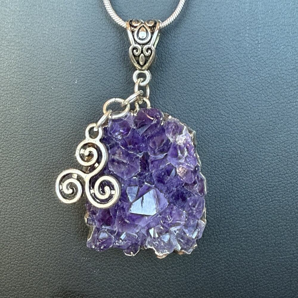 Raw Amethyst Crystal Cluster Pendant Sterling Silver 925 18” Snake Chain